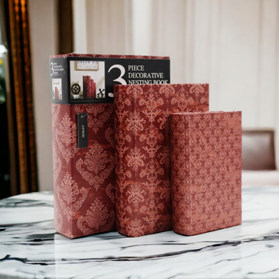 Hosley Farmhouse Memory Book Boxes Set of 3, Red Brown & Gold, Decorative Nesting Storage Boxes 12 10 8 Inch, Faux Leather Keepsake Photo Jewelry Box for Wedding Gift