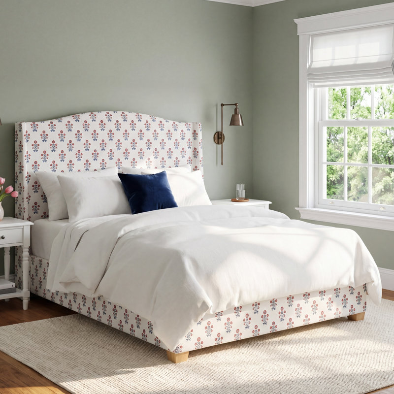 Allis Upholstered Wingback Bed, Full, Cappy Floral Red