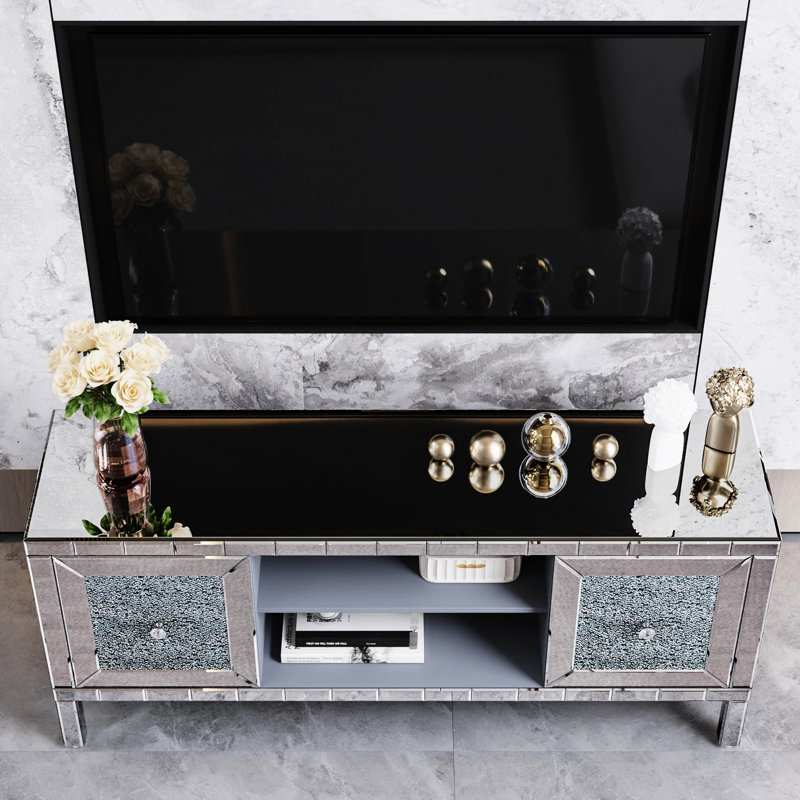 Table de 60 po pour téléviseur à miroir moderne de 60 po, 65 po convenable, portes en forme de diamant, support de solution de rangement fonctionnel, téléviseur en verre, rangement personnalisable, bordures de peau