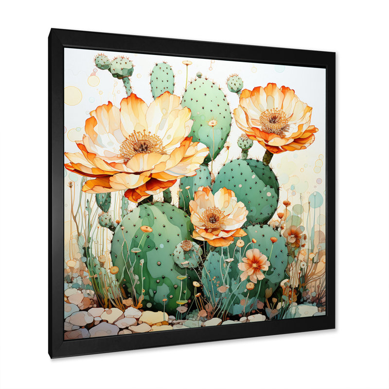 Corail vert cactus du désert pointillisme I, H 16 po x l 16 po x P 1 po, Cadre simple noir