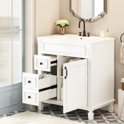 Meuble-lavabo moderne de 76 cm (30 pouces) avec lavabo en céramique, poignées en forme de bouton et étagère réglable, gain de place dans les petits espaces, lavabo de 76 cm (30 pouces), tiroirs à fermeture amortie.