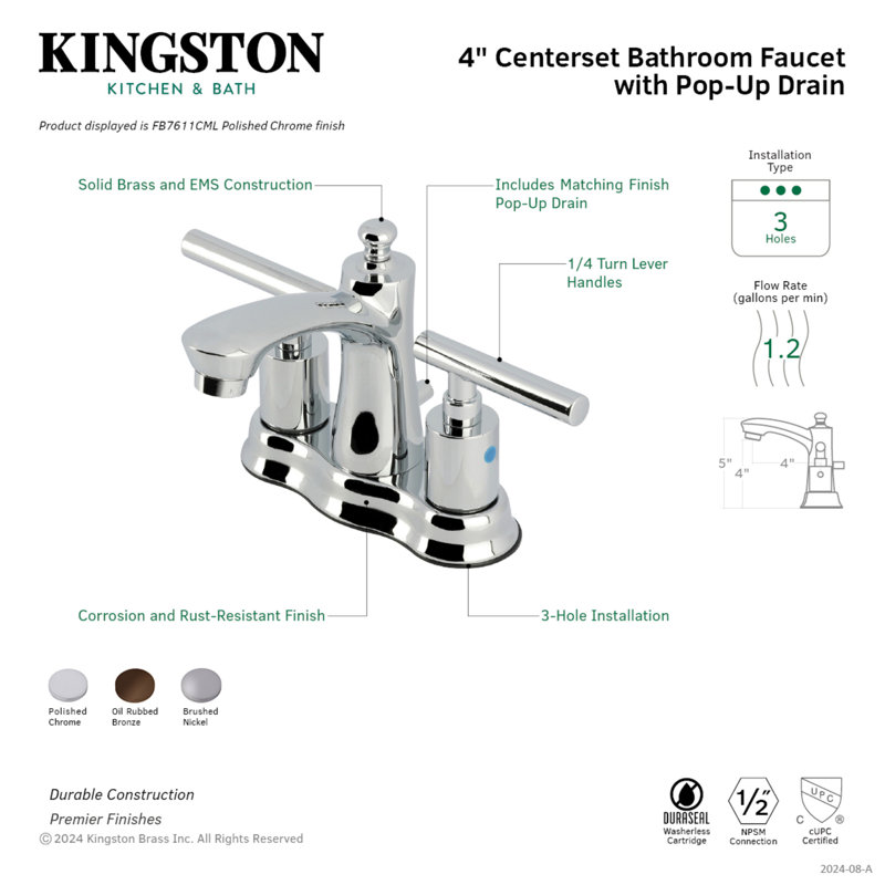 Kingston Brass Manhattan Two-Handle 3-Hole Deck Mount 4" Centerset Bathroom Faucet with Pop-Up Drain, Brushed Nickel