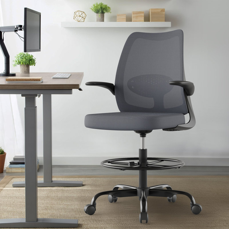 Breathable Mesh Drafting And Office Chairs With Adjustable Foot Pedals And Armrests, Gray
