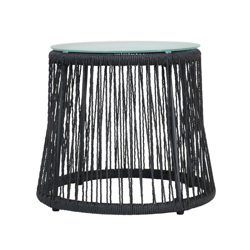 Rustic End Table - Tempered Glass With Rope Siding And Iron Frame, Patio Appeal, Simple To Clean, 19.14" Deep X Wide 16.47" High Style Side Textured Smooth Glass, Furniture, Easy Wipe Down, 16.47