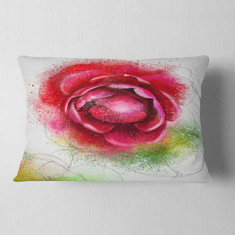 Coussin décoratif à grandes fleurs rouges sur fond blanc, Rectangle, 12 po x 20 po