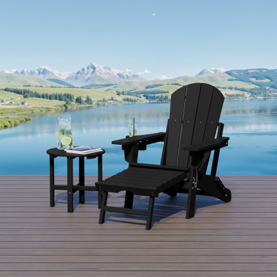 Outdoor Folding Adjustable Adirondack Chair With Hideaway Ottoman & Round Side Table