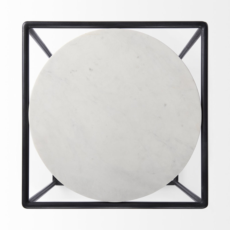 Black Metal Cube Base End Table with White Marble Top