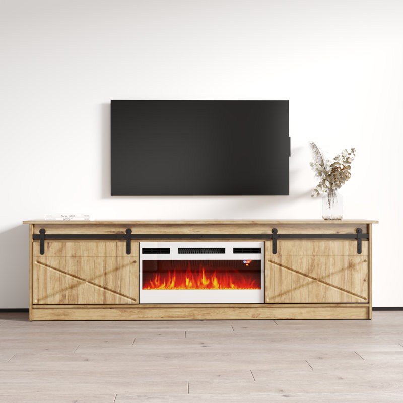 Archie 78.7" Modern TV Stand with Electric Fireplace, High Gloss Finish, Media Storage, White/Oak