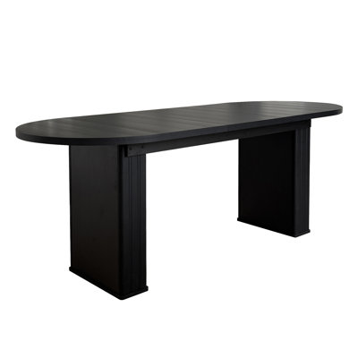 Kitchen Extendable Dining Table For 4-8 People, Oval Kitchen Table With Wooden Strip Base For Family Living Room (Black)