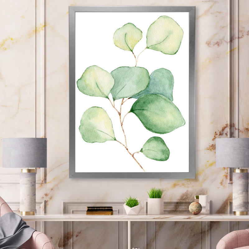 Délicates feuilles d'eucalyptus - Peinture sur toile, H 20 po x l 12 po, Cadre photo argenté