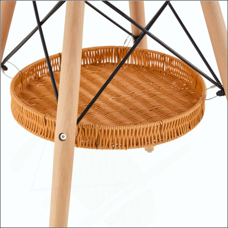 table de salle à manger de diamètre circulaire, plateau de table en bois aggloméré, pieds en bois massif, avec structure de panier de rangement tissé suspendu. Une table basse décontractée pouvant accueillir de 2 à 4 personnes.