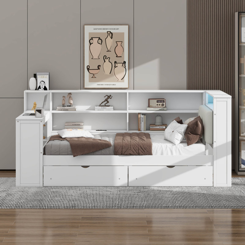Lit plateforme en bois avec tablettes de rangement, tiroirs, station de charge, DEL, bureau et tête de lit tapissier, Double