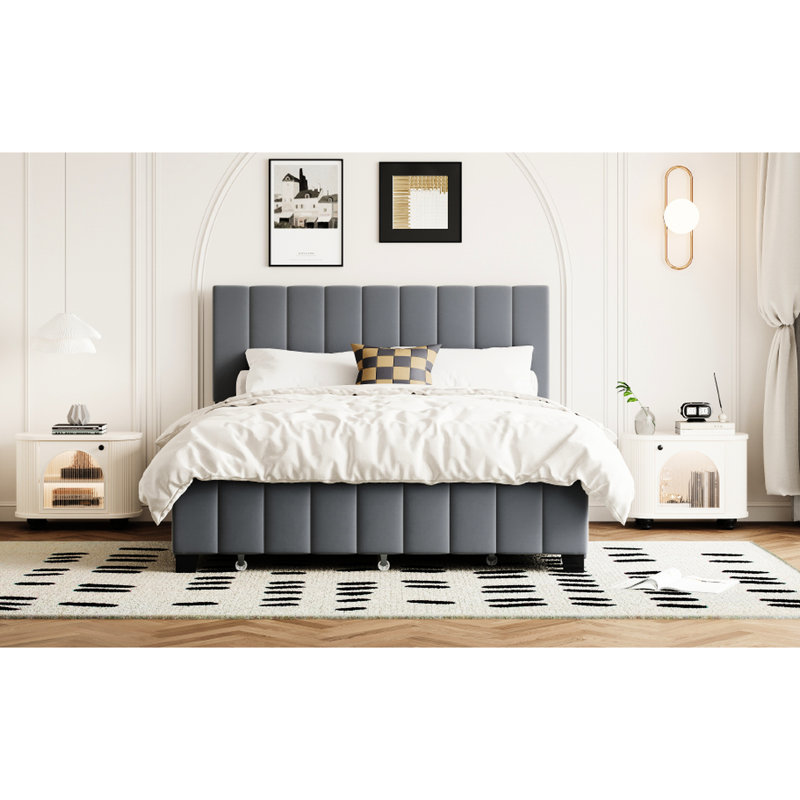 Grand lit tapissier en velours gris. 2 tiroirs et lit gigogne simple TG Support dense. Système de lattes en bois pour améliorer l'organisation de la chambre à coucher. Maximiser la fonction