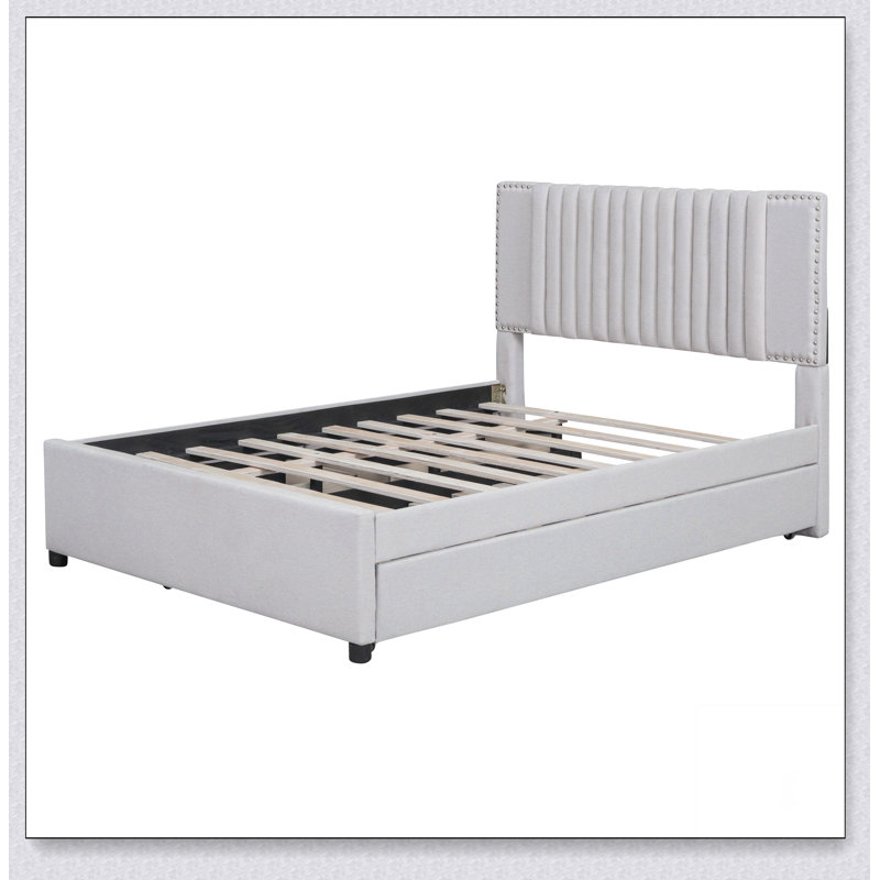 Lit plateforme tapissier avec 2 tiroirs et 1 lit gigogne, Beige, Double