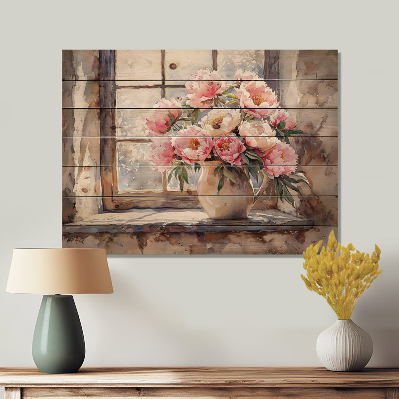 «Rustic Romance Peony Bouquet I», art mural en bois pivoines - sur bois de pin naturel, H 24 po x l 32 po x P 0,78 po
