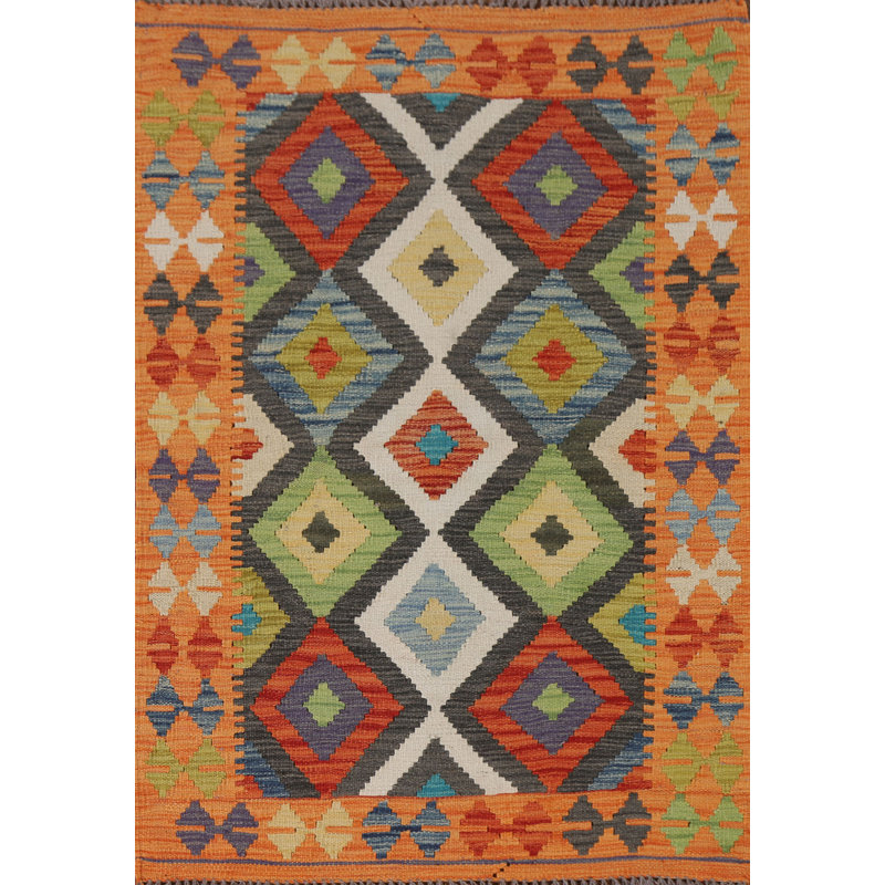 Tapis géométrique en laine à motif oriental kilim 3 x 4