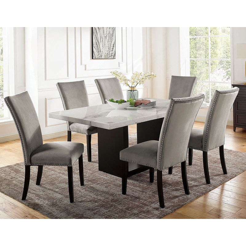 Ensemble de table de salle à manger, table avec 6 chaises d'appoint rembourrées pour la salle à manger, Gris clair
