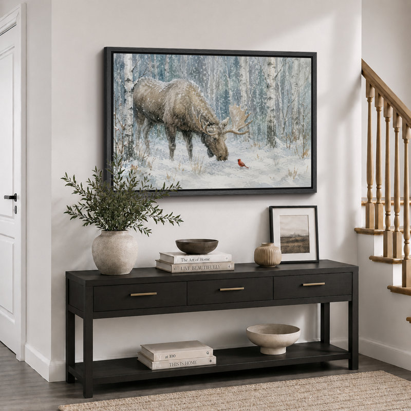 «Winter Moose Forest», reproduction d'art giclée sur toile encadrée, H 16 po x l 24 po x P 1,5 po, Cadre noir