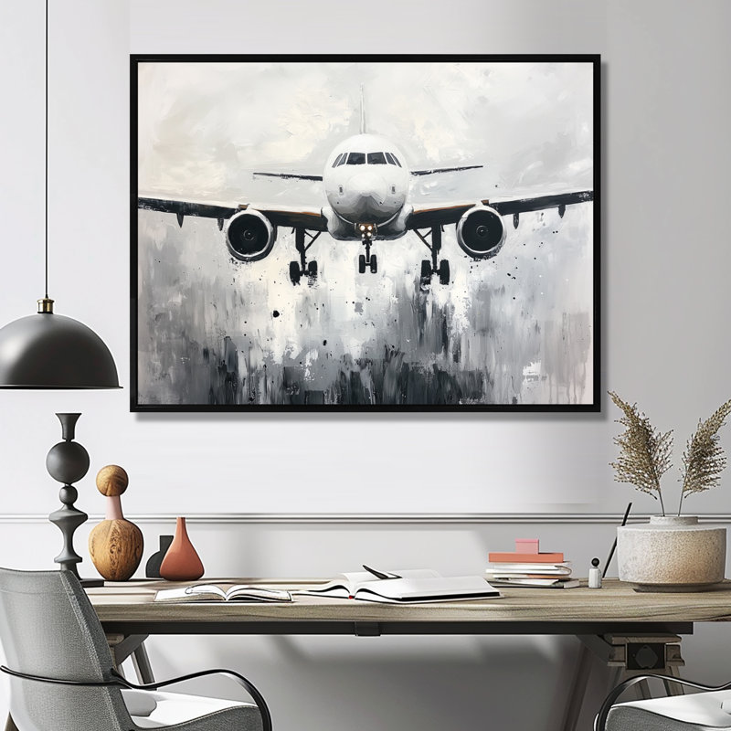 Aquarelle, avion, atterrissage sur la piste III - impression murale, H 16 po x l 32 po, Noir