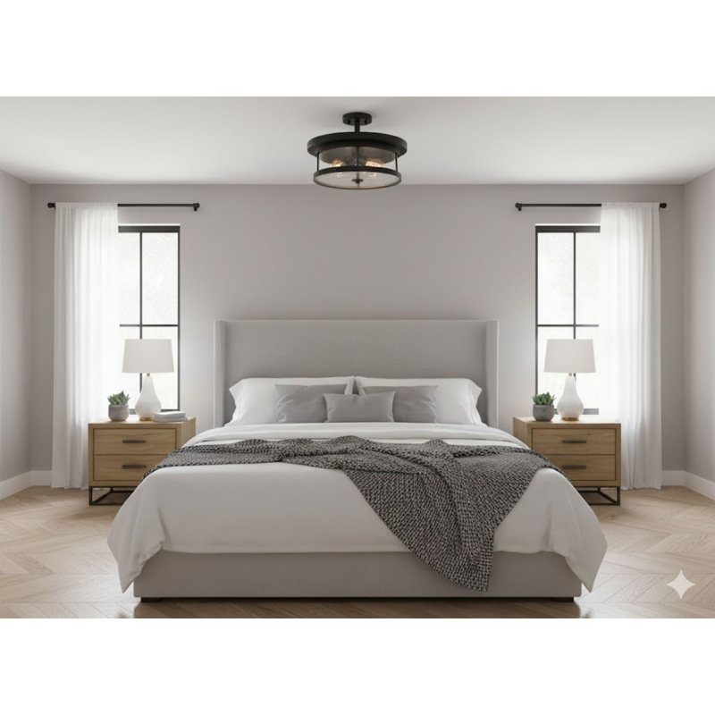 3-Light Flush Mount With Glass Shade, Black