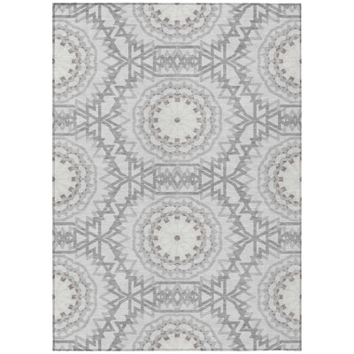 9' X 12' Silver Ivory And Gray Floral Medallion Washable Indoor Outdoor Area Rug