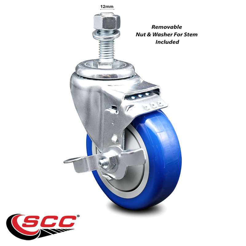 Polyurethane Wheel Swivel 10mm Threaded Stem Caster Set 2 Brake