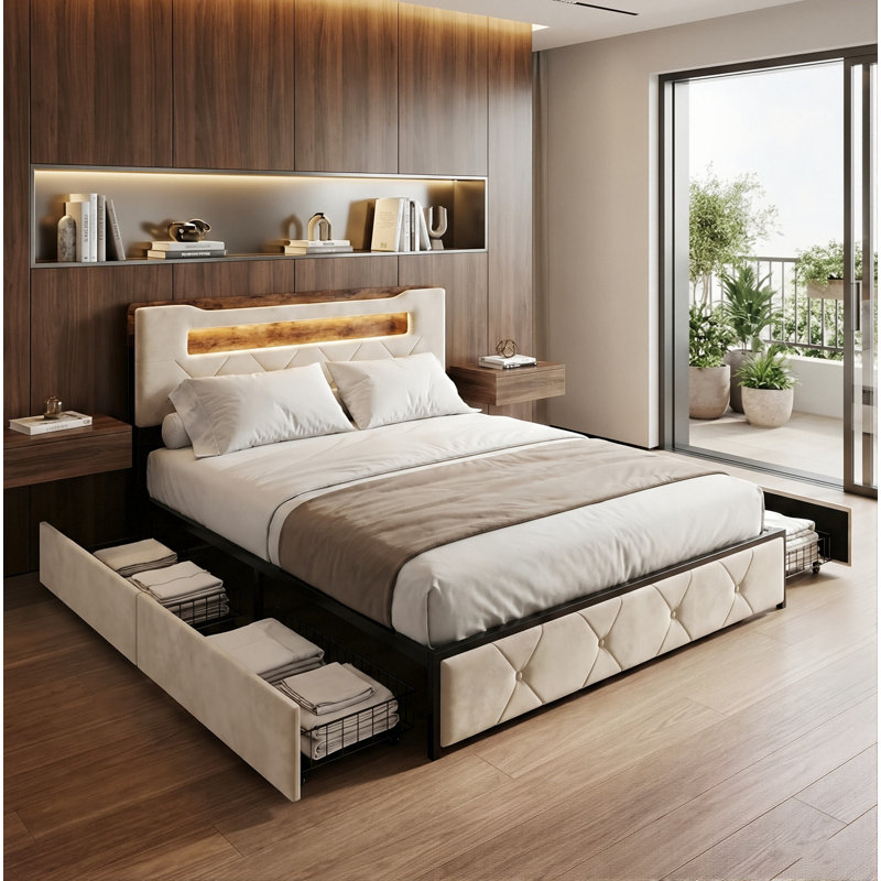 EU Double & King Velvet UPholstered Storage Bed With 4 Drawers, LED Shelf Headboard & USB-C Charging, Gre&Beige, 140/160X200cm
