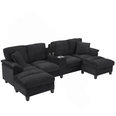 Canapé modulaire moderne en forme de U avec repose-pieds, porte-gobelets et ports USB pour un salon confortable et fonctionnel