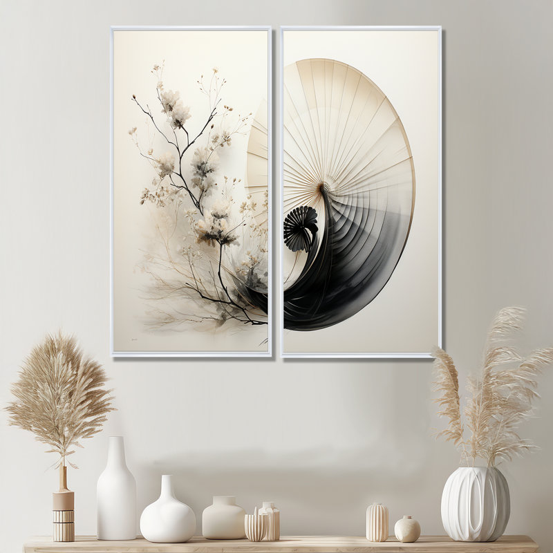 Art asiatique, coquillage Sumi VI - Art asiatique, art mural, 2 panneaux, 20" H x 24" W, Impression encadrée flottante, White