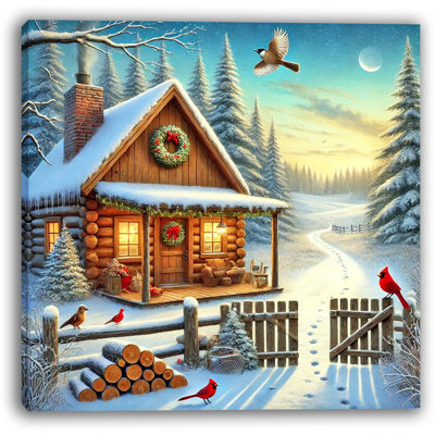 «Snowy Log Cabin with Cardinals and Winter Path», art mural sur toile