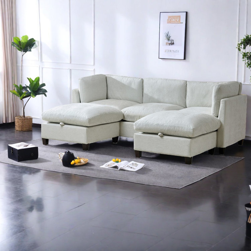 Canapé modulaire en U en chenille beige avec rangement, canapé moderne pour le salon