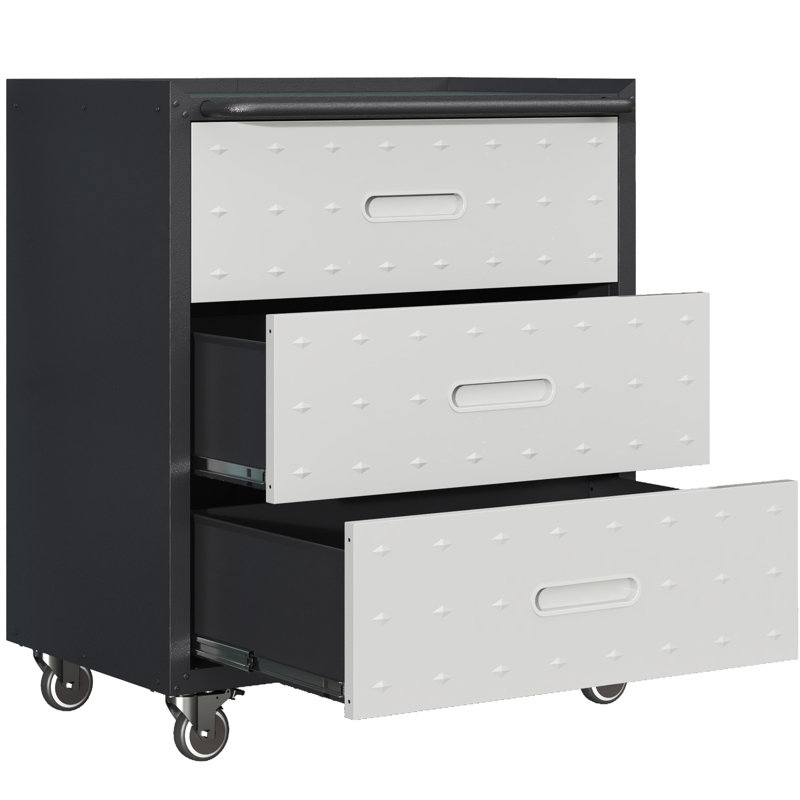 3 Drawer Heavy-Duty Metal Storage Cabinet With Wheels - For Garage, Office, Home Organization. Black/Gray. 29.83"W X 16.7"D 35.52"H. Steel. 360 Lockable . Generous Storage. Formaldehyde- Coating.