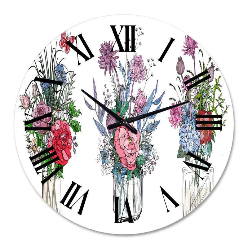 Bouquets de fleurs sauvages dans des vases transparents I - Horloge murale de ferme, Surdimensionné