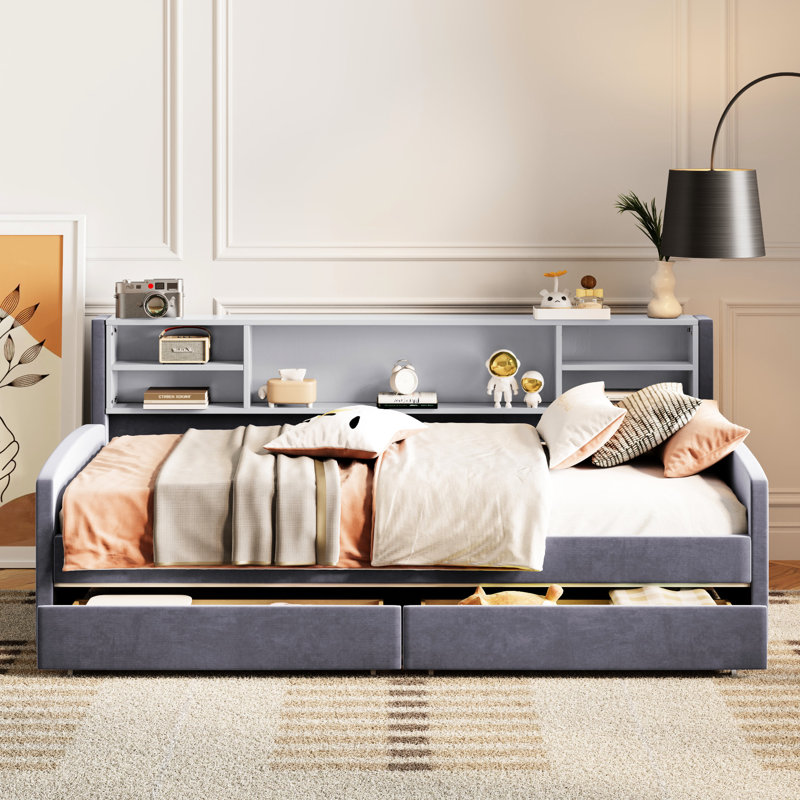 Lit plateforme tapissier gris avec rangement à tiroirs intégrés - Velours doux, pièce supplémentaire, Gris