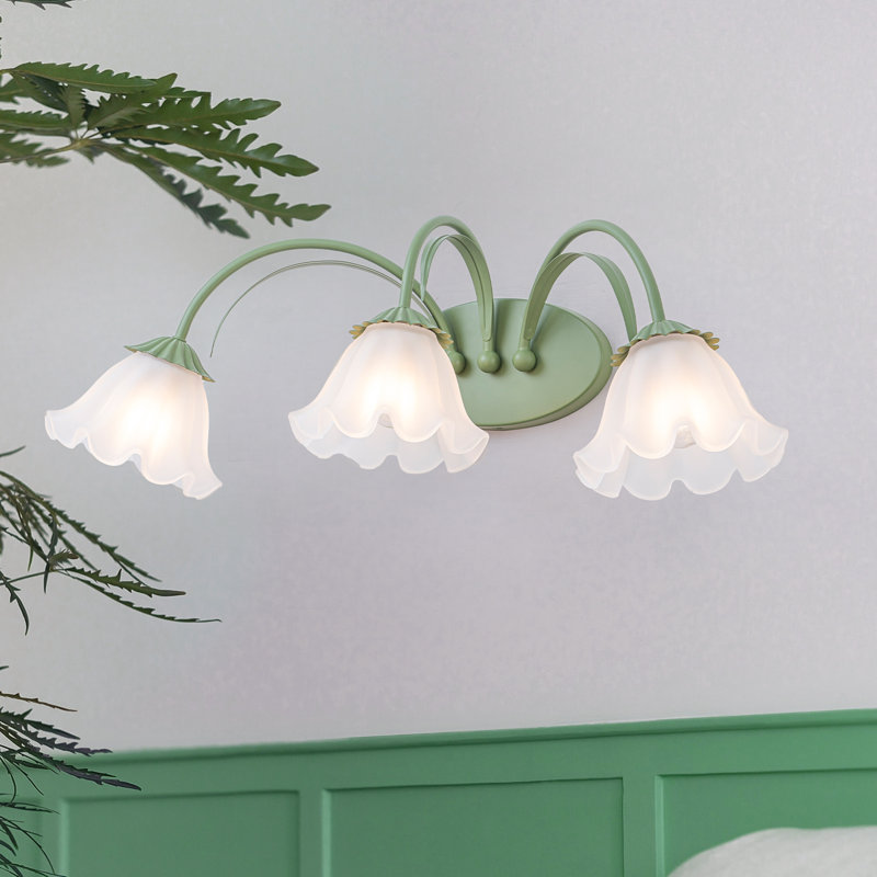 1/3-Light Green Metal Wall Sconce with Flower Frosted Glass Shade, Hand Blown Glass, E26 Base, Dimmable, Reversible Mount