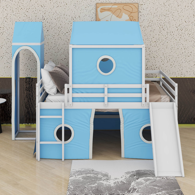 Lit mezzanine double avec tour, Bleu