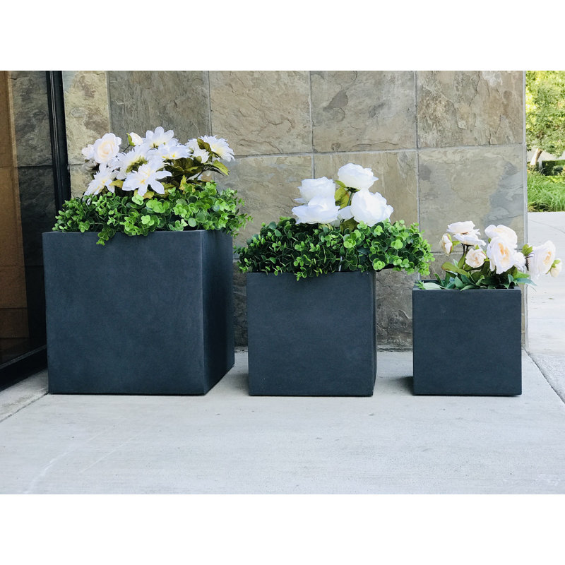 Wurster 3 Piece Lightweight Concrete Modern Square Outdoor Planter, 16 Inch Tall Set, Charcoal