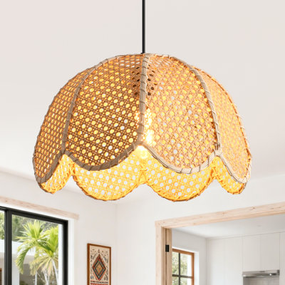 Rattan Peel & Rattan Pendant Light, Natural Mixed Materials, Iron Frame, Adjustable Height, E27 Socket, 40 Cm Diameter, For Boho Rustic Decor (Bulb Not Included)