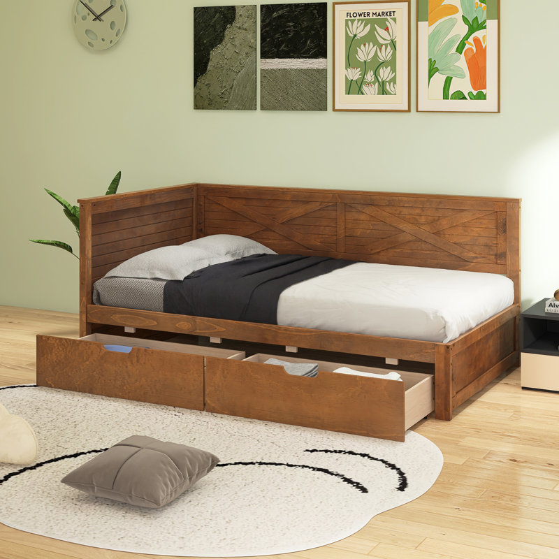 Lit de jour simple en bois avec 2 tiroirs et garde-corps rustique, Brun