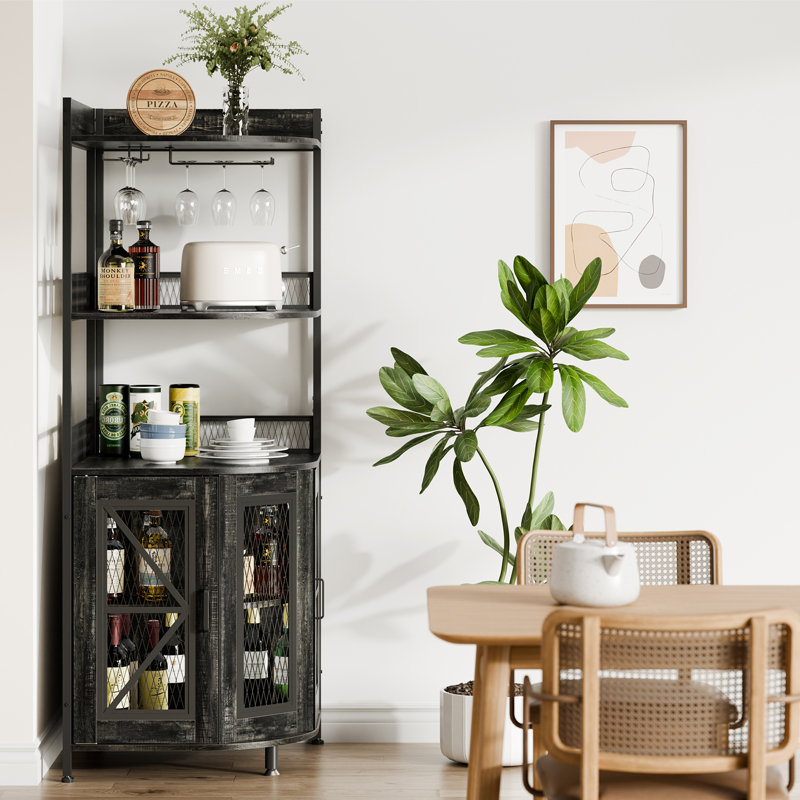 Armoire à vin de coin - support de coin en fer, fabrication en panneau de fibres à densité moyenne, bande lumineuse RVB, support de coin en métal, support à vin en bois