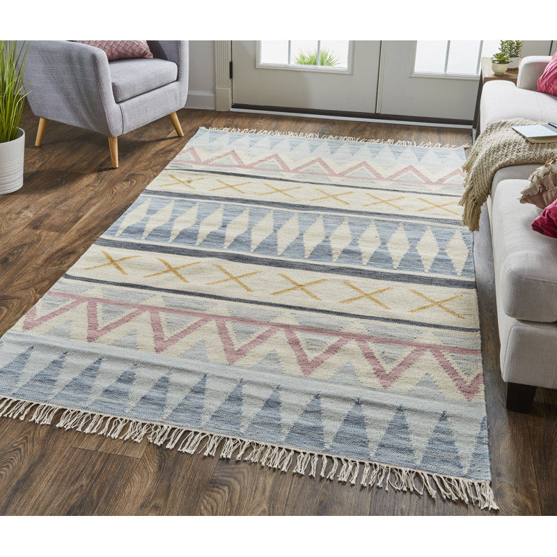 Tapis géométrique en laine / coton tissé à plat à la main bleu / rouge / moutarde, Rectangle 8 pi x 10 pi