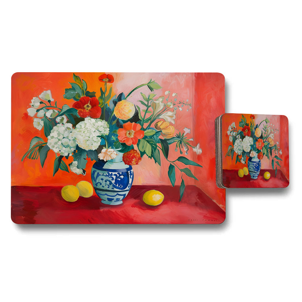Vibrant Floral Vase Bouquet Placemat And Coaster Set