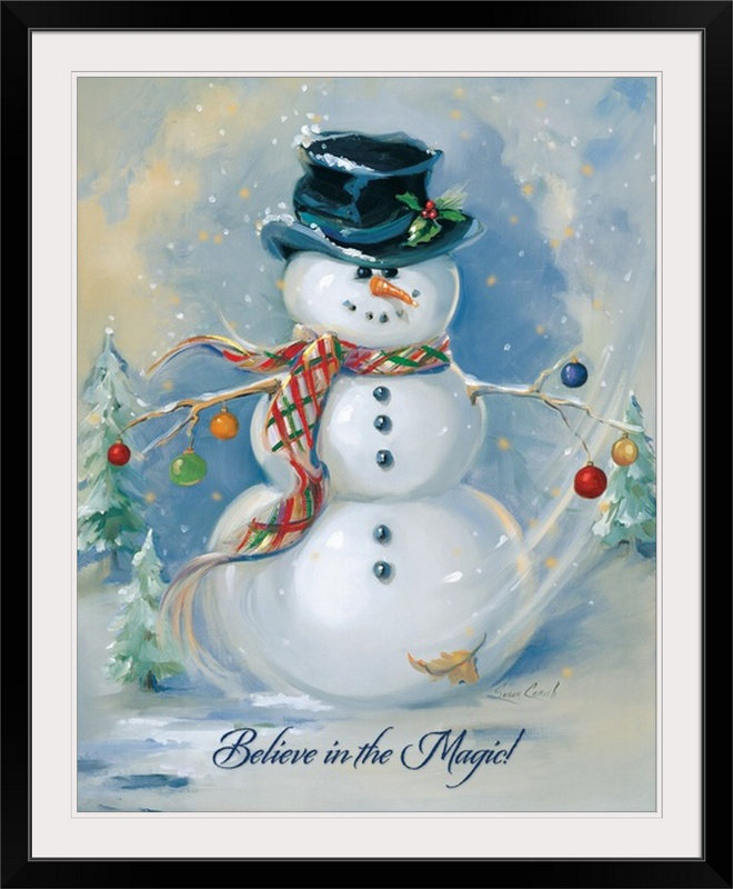 «Christmas Art Snowman Magic» par Susan Comish - impression, Cadre noir, H 32 po x l 27 po x P 1 po