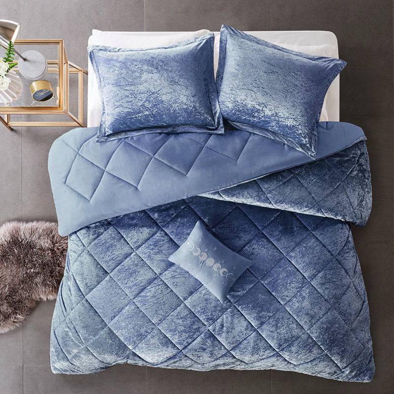 Édredon en velours bleu pervenche pour lit double / grand lit - Rembourrage luxueux et coussin lavable à la machine inclus dans la literie