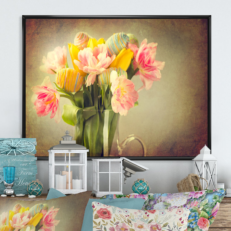 Tulipe, bouquet de fleurs et œufs - reproduction sur toile avec cadre flottant, H 24 po x l 36 po x P 1 po