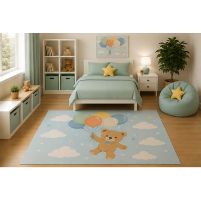 "Ultra Lightweight" 5'x7' Kids Area Rug Teddy Bear with Balloons Rug Cute Cartoon Clouds Nursery Bedroom Playroom Baby Room Decor Non-Slip Silicone Backing Low Pile