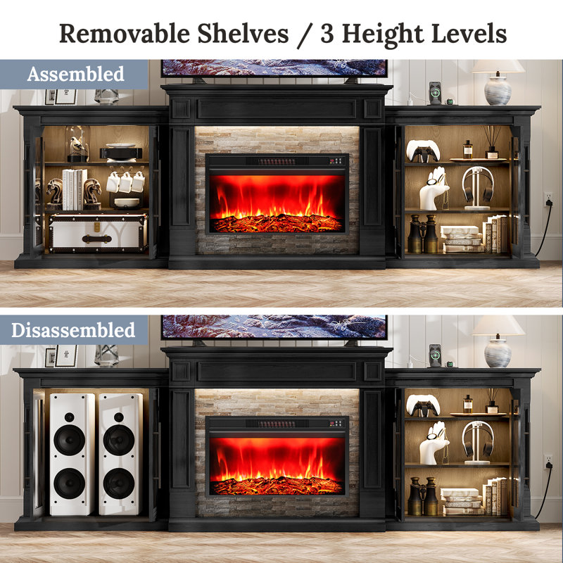  104"w 3 In 1 Farmhouse Fireplace Tv Stand With Large Storage Space,for Living Room,black, Yes, Black/Brown