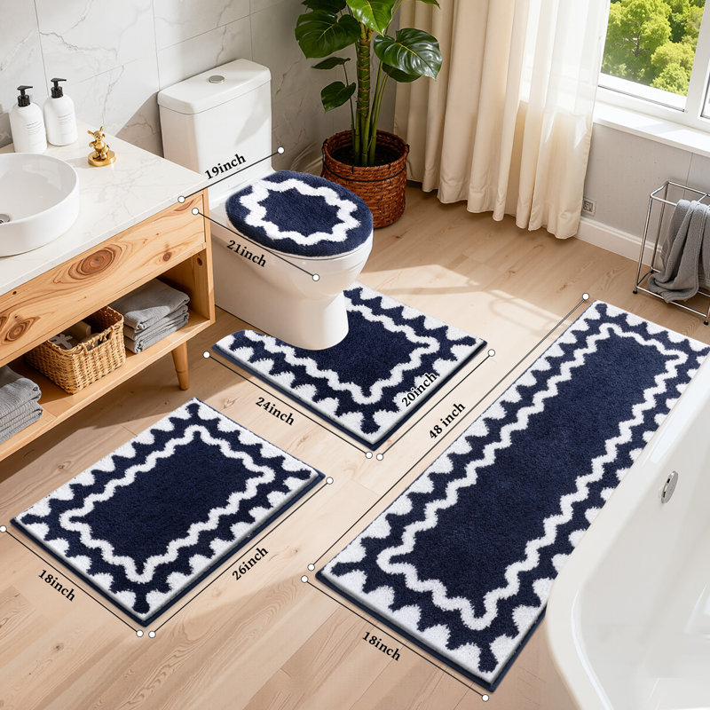 Absorbent Non-Slip Washable Bath Mat Bathroom Rug(Set of 4), Blue Geometric
