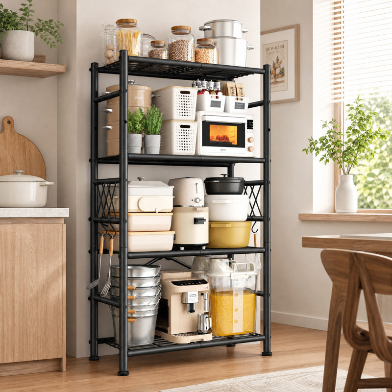 Metal Shelving Unit with Adjustable Open Storage, Side Hooks and Protective Mesh, 4-Tier (30D x 75W x 153H cm)