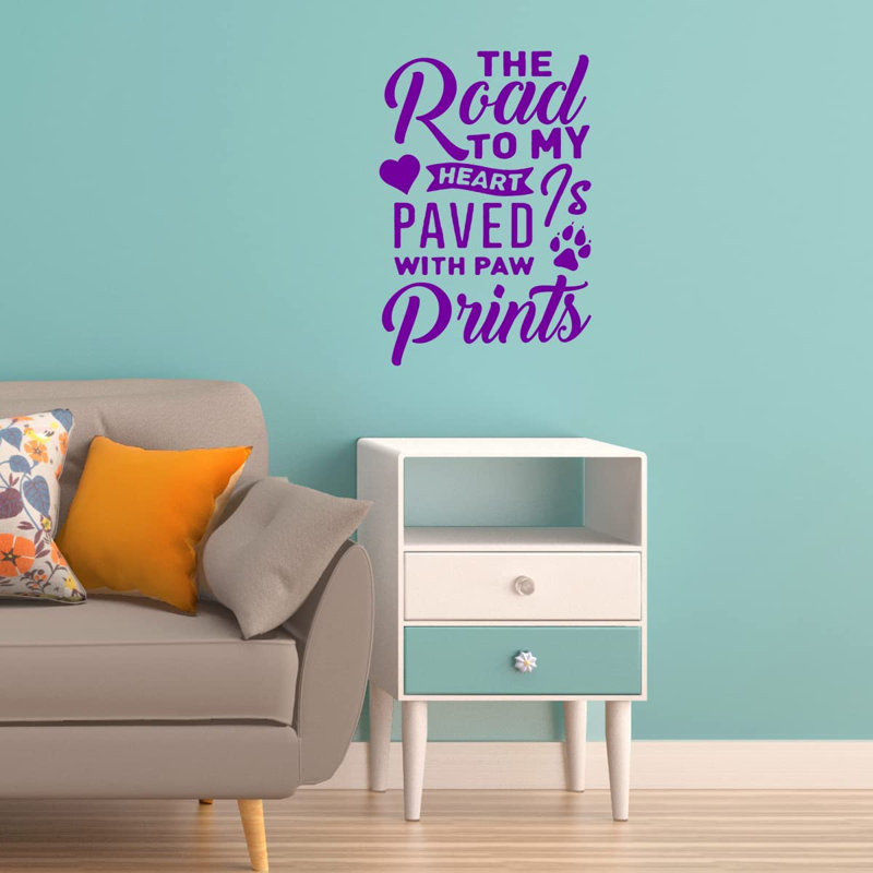 Adhésif décoratif «The Road to My Heart is Paved» avec empreintes de pattes, H 13 po x l 9 po, Mauve